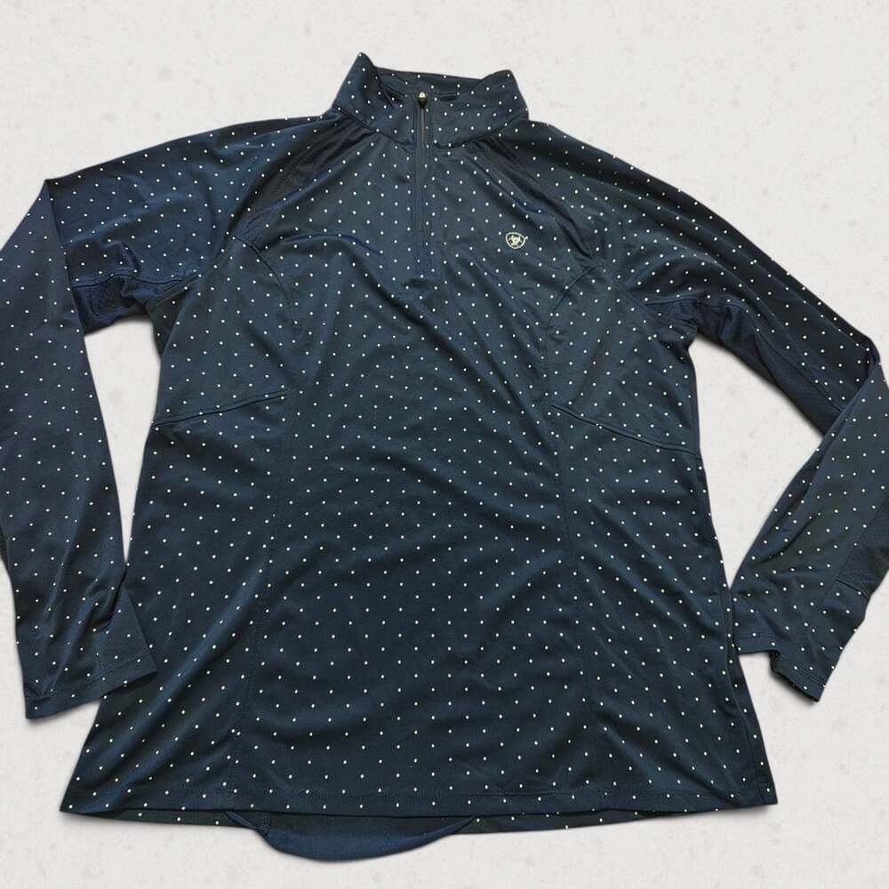 AriatTEK HeatSeries Womens L Polka Dot 1/4 Zip Riding Top Sun Shirt Navy